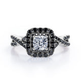Rounded Square Double Halo -  0.5 TCW Princess Cut Diamond with Lab Created Black Diamond - Infinity Pave Engagement Ring - 10K White Gold