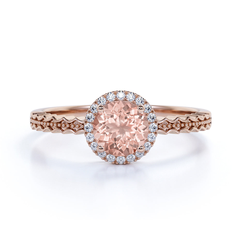 Zigzag 1.50 Carat Round Light Peach Morganite and Diamond Wave Engagement Ring in White Gold