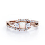 Shared Prongs 1 carat Princess Opal and Moissanite Split Shank Band Engagement Ring in Rose Gold