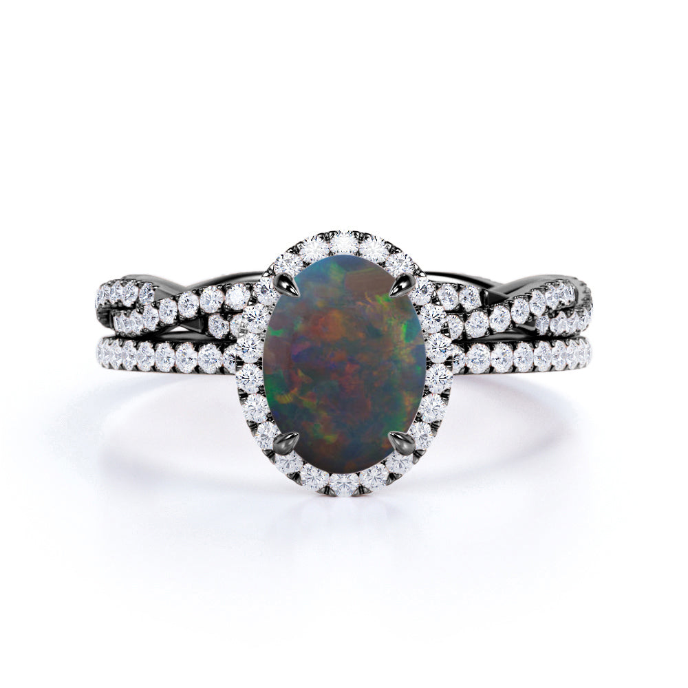Twisted 1.75 Carat Oval Cut Natural Black Opal And Diamond Halo Infinity Wedding Ring Set In Black Gold