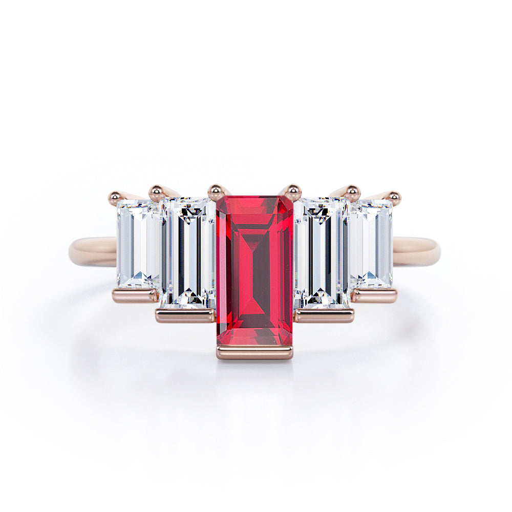 Graduated Baguette 1.5 carat Lab Ruby and Cubic Zirconia Engagement Ring in White Gold