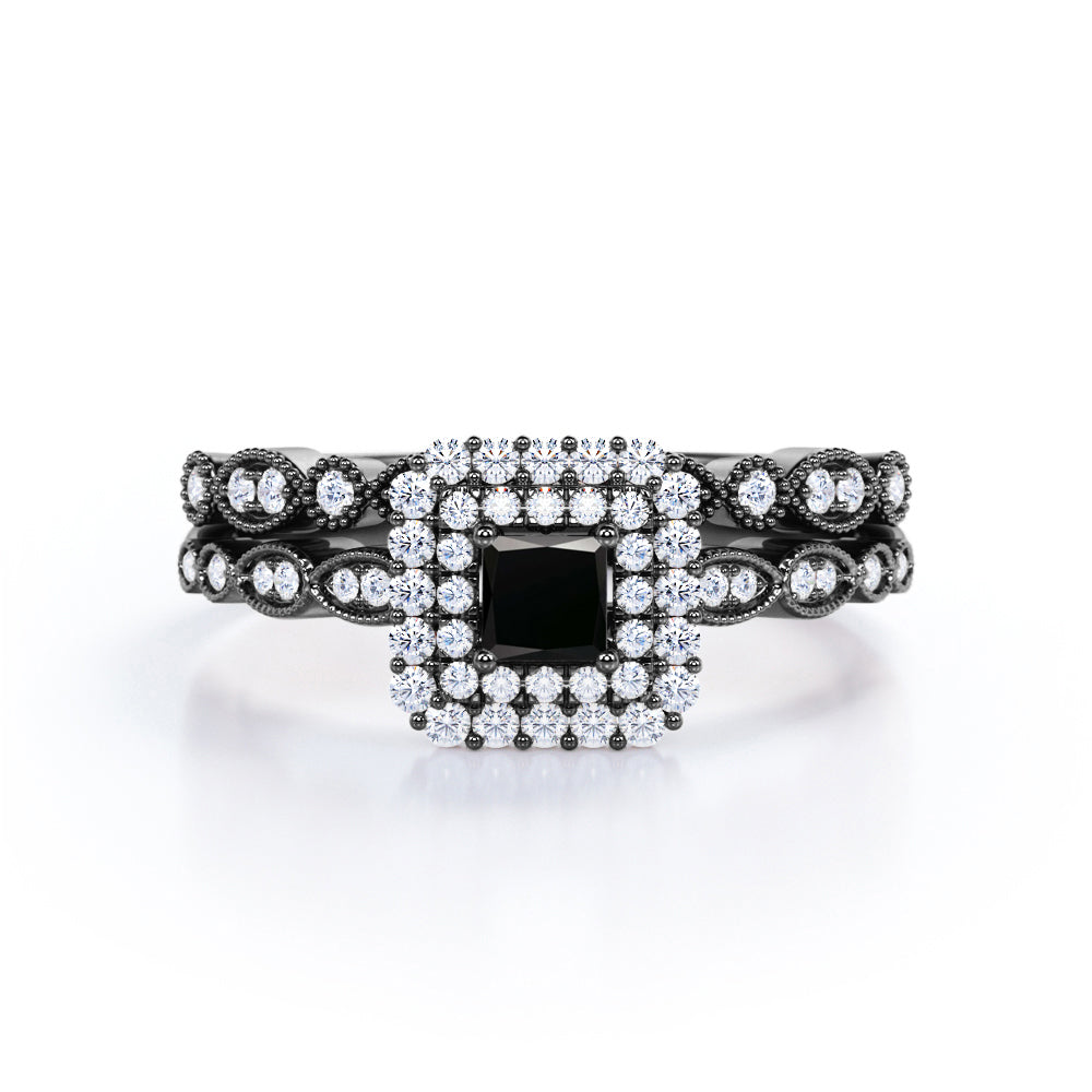 1.65 Carat Princess Cut Lab Grown Black Diamond Vintage Art Deco Bridal Set In White Gold