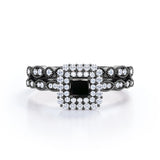 1.65 Carat Princess Cut Lab Grown Black Diamond Vintage Art Deco Bridal Set In White Gold