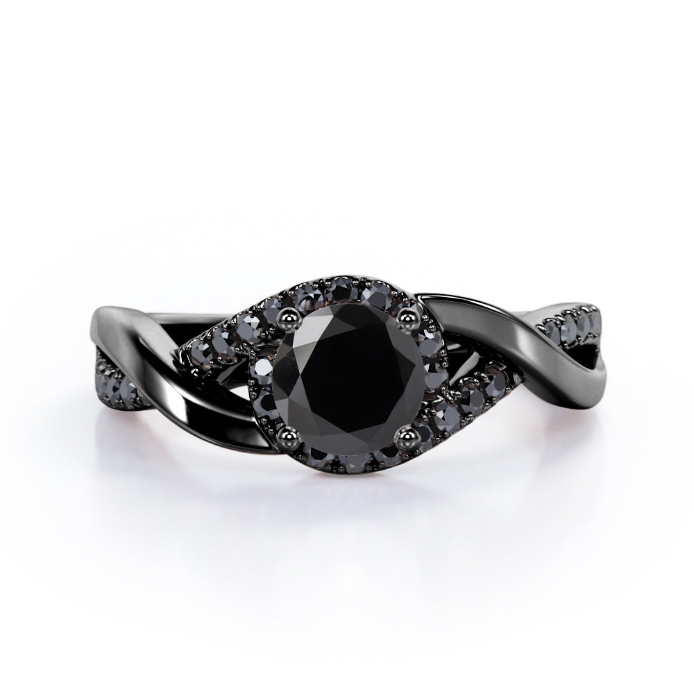Tensioned Halo Set - 1.25 TCW Round Shaped Lab Created Black Diamond - Semi Pave Infinity Engagement Ring in White Gold