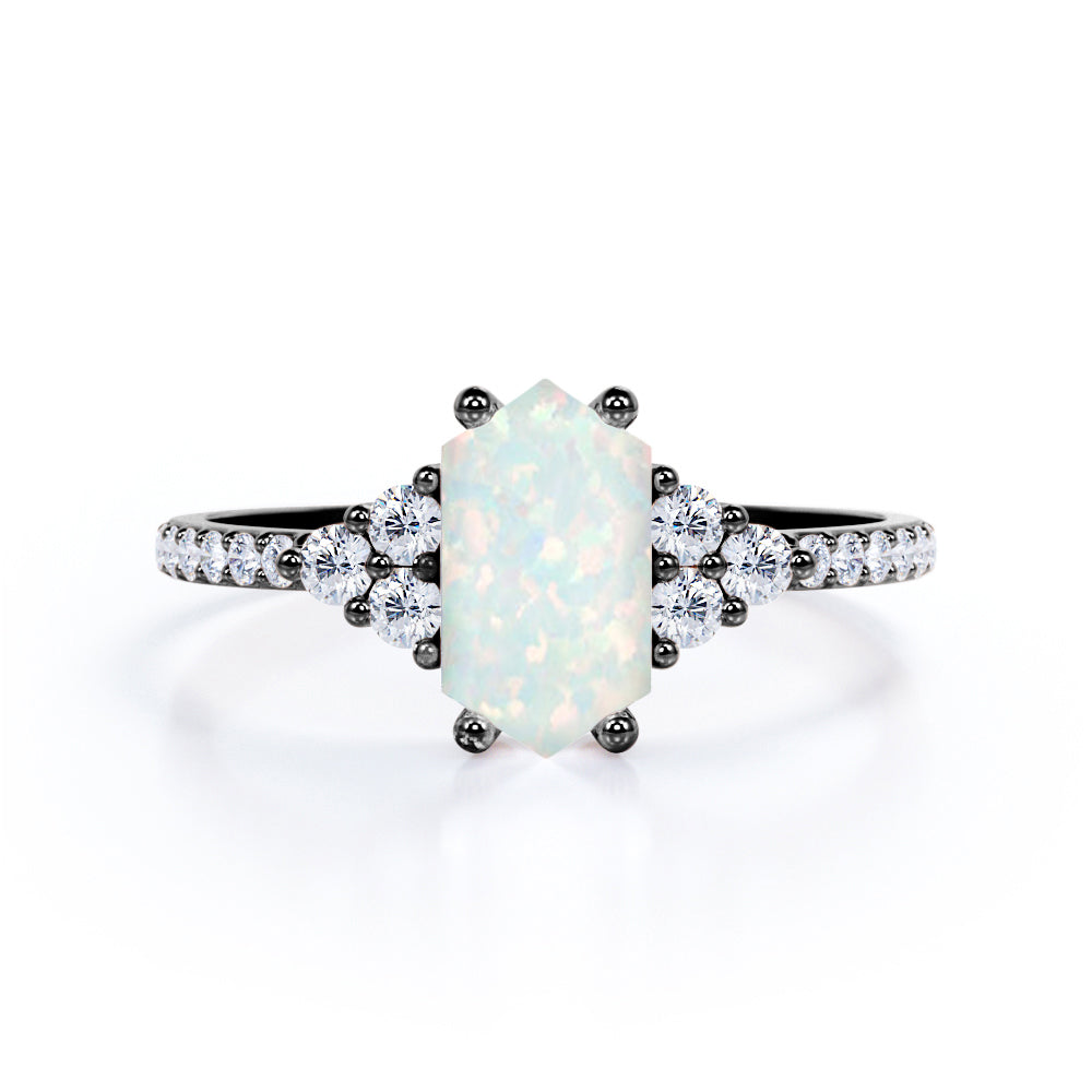 Four Prong 1.45 Carat Hexagon Shaped Precious Fire Opal And Diamond Pave Engagement Ring In White Gold