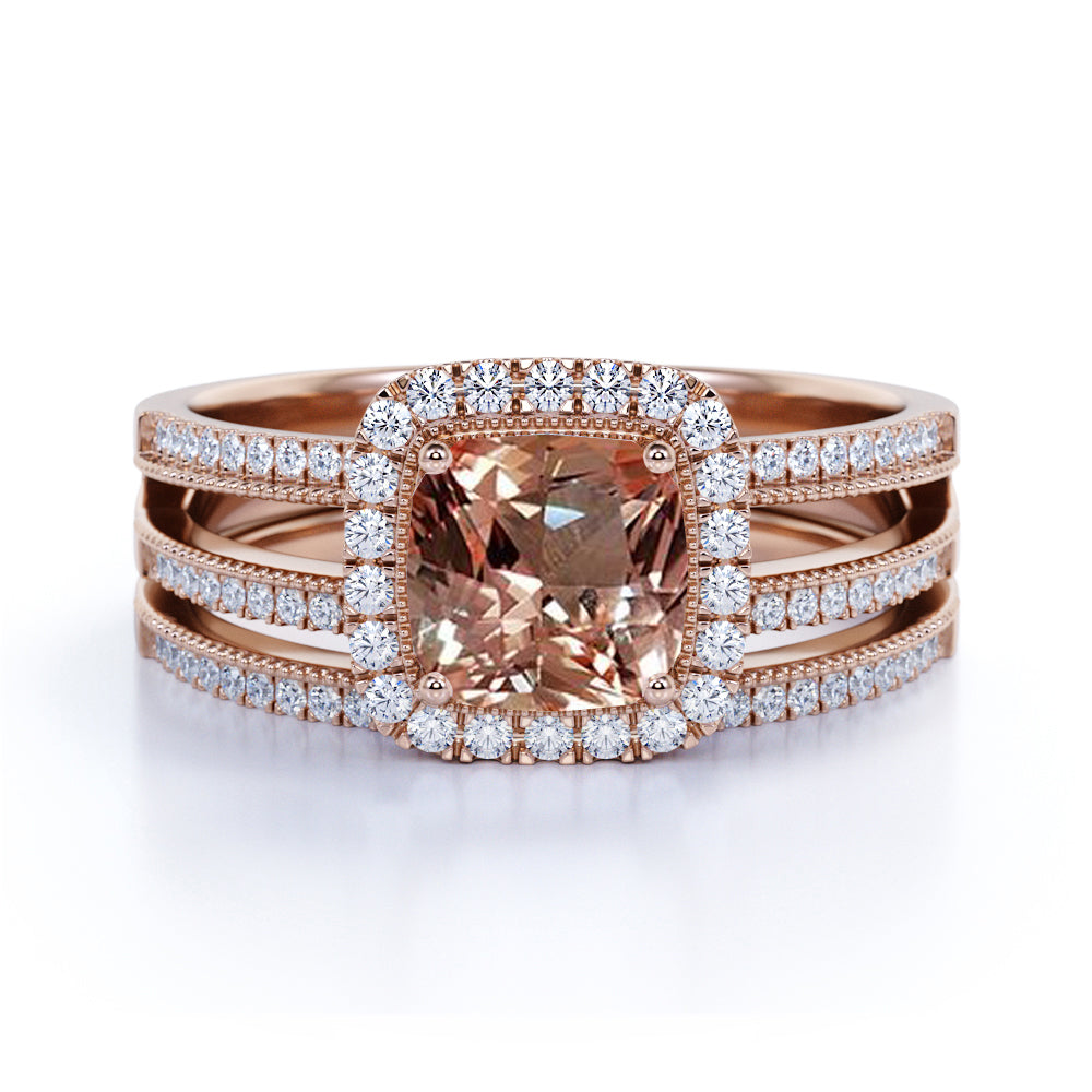 Filigree 2 Carat Cushion Morganite and Diamond Split Shank Wedding Ring Set in White Gold