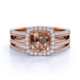 Filigree 2 Carat Cushion Morganite and Diamond Split Shank Wedding Ring Set in White Gold