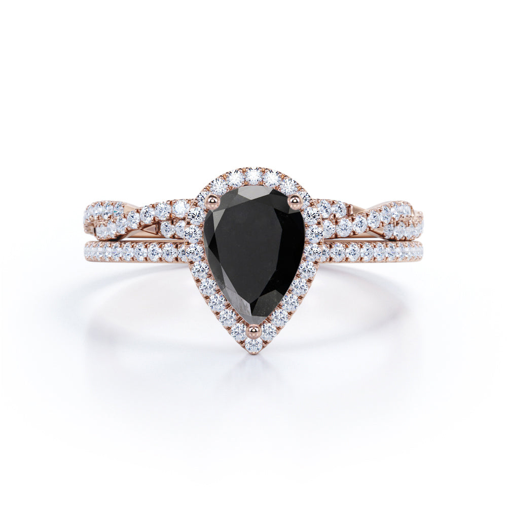 1.50 ct Pear Lab Black Diamond Twisted Wedding Ring Set