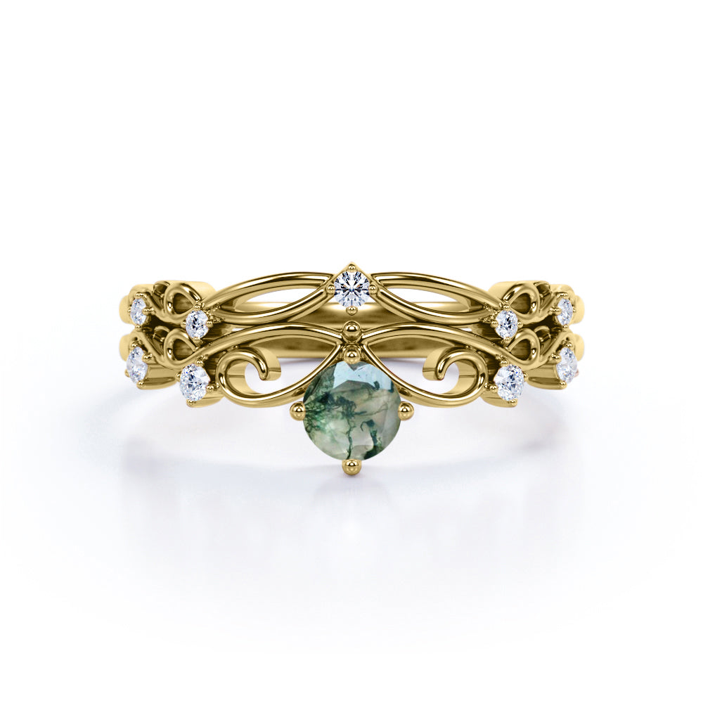 Art Deco 0.6 Carat Round Green Moss Agate Bridal Set