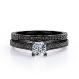 3 Sided Pave 1.55 TCW Princess Cut Moissanite with Lab Created Black Diamond Milgrain Decorated Wedding Ring Set in White Gold