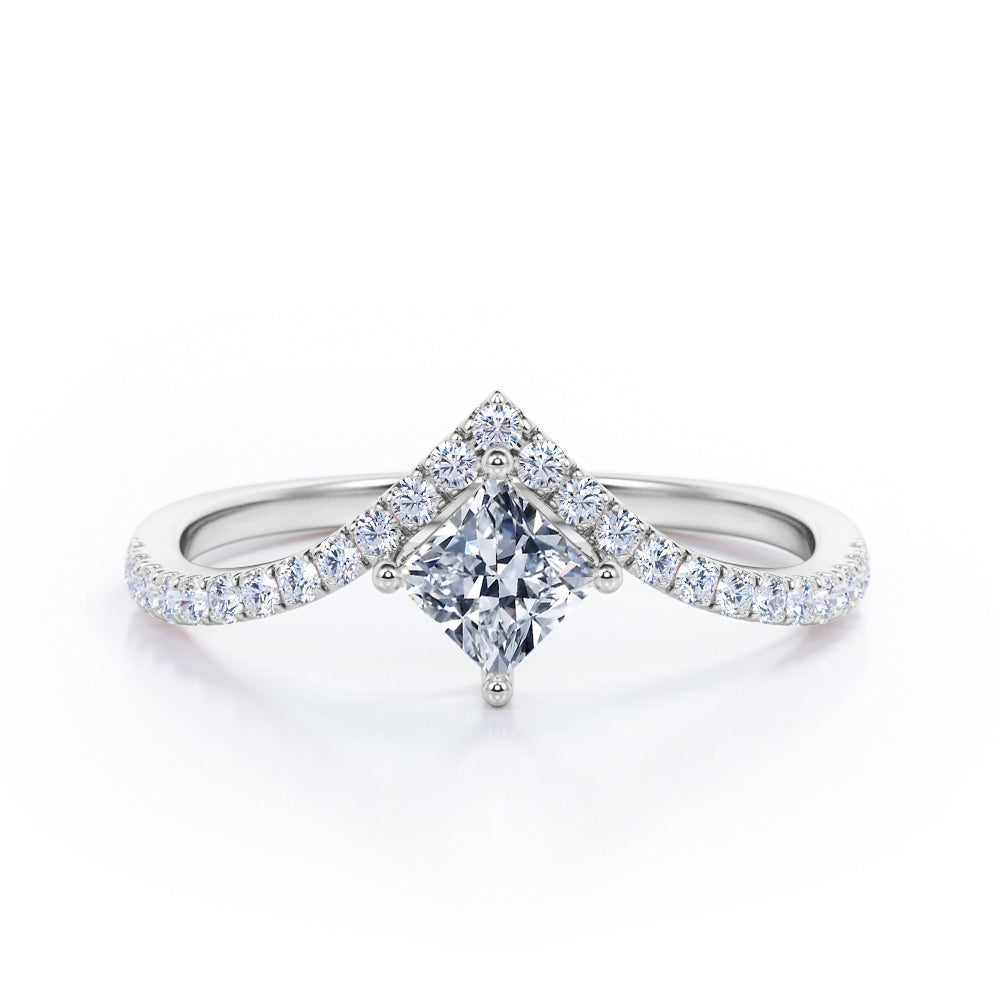 Chevron 1.25 Carat Princess Cut Moissanite And Diamond Four Prong Pave Set Engagement Ring In Rose Gold