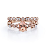 1.35 Carat pear cut Morganite and Diamond Halo art deco Wedding Ring Set in Rose Gold