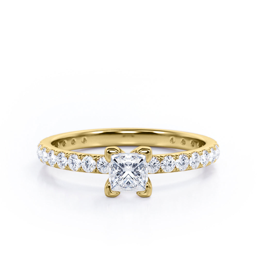 Classic Dainty 0.40 TCW Princess Cut Diamond V-Prong Pave Accented Engagement Ring in 10K White Gold