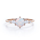 Tapered Six Prong 1.20 Carat Brilliant Round Cut Fiery Opal And Diamond Five Stone Engagement Ring In Rose Gold