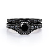 Filigree Pave Channel 1.6 TCW Round Lab Created Black Diamond Double Prong Cluster Wedding Set in White Gold