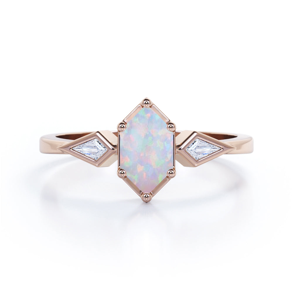 Elongated 1.10 Carat Hexagon Shaped Genuine Opal And Diamond Three Stone Trilogy Engagement Ring In Black Gold