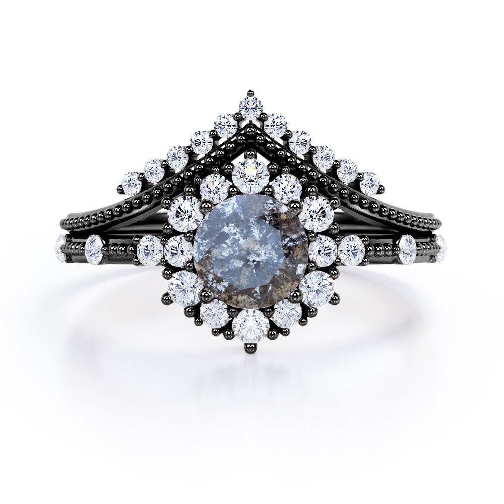 Vintage 1 Ct Round Cut Salt and Pepper Diamond Wedding Ring Set