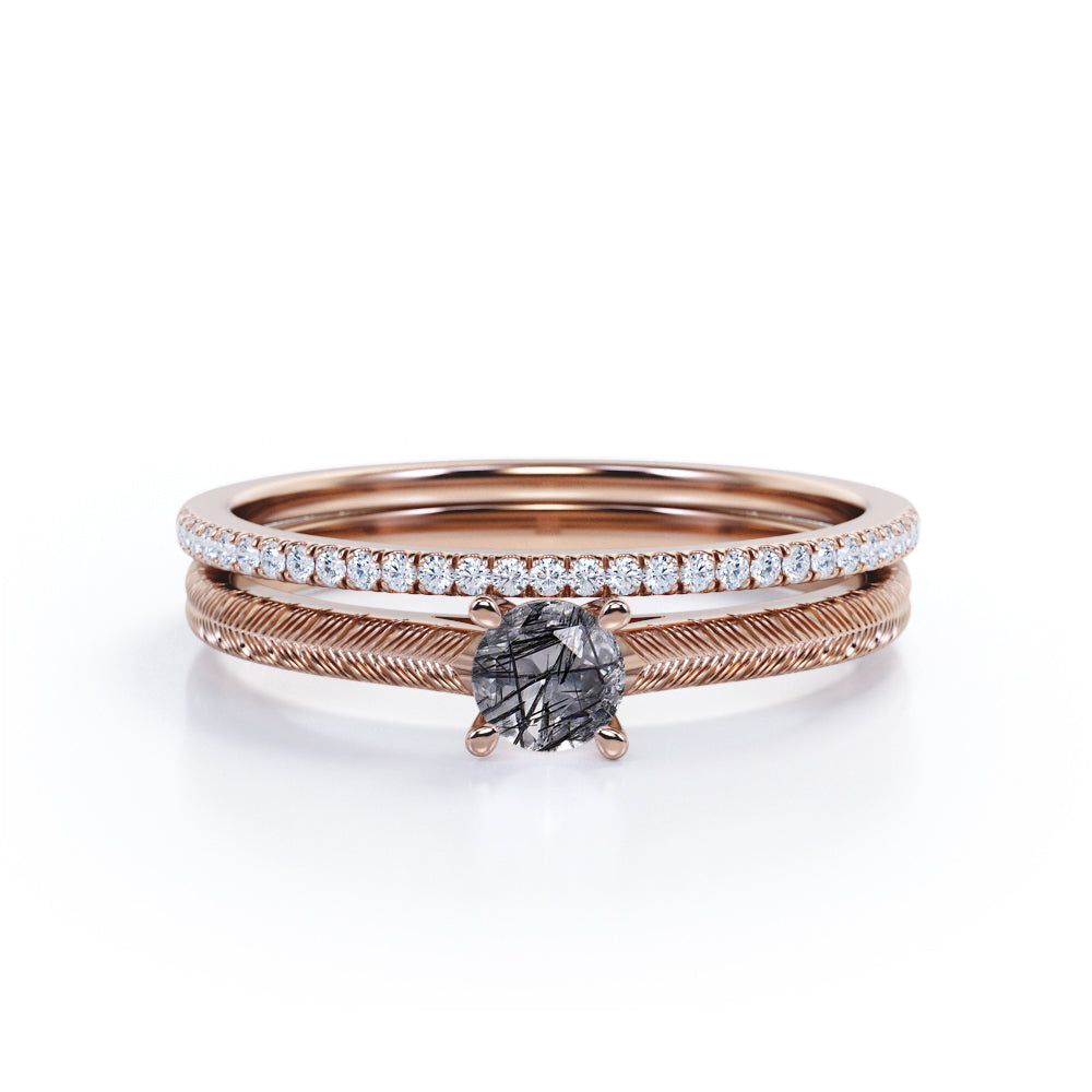Minimalist Exquisite Solitaire 1.25 Carat Round Cut Natural Clear Dendritic Black Rutilated Quartz and Diamond Half Eternity Pave Band Wedding Ring Sets