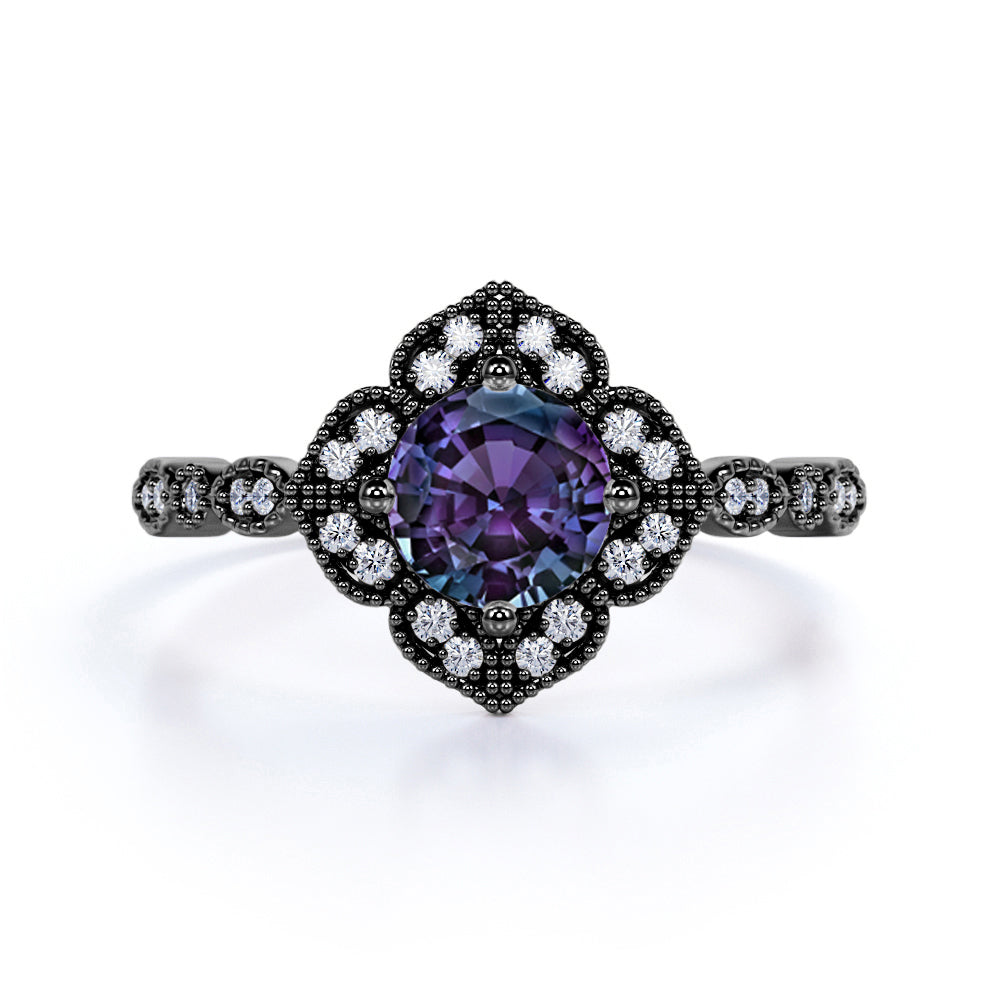 1.25 Ct Round Lab Alexandrite Milgrain Engagement Ring