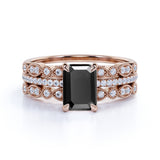 Unique antique 1.75 Carat Lab Black Diamond Trio Wedding Ring Set for Women in Rose Gold