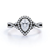 Infinity Style 1.50 Carat Teardrop Shape Moissanite and Diamond Halo Engagement Ring in White Gold