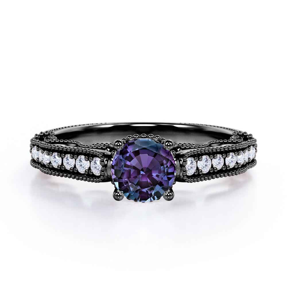 1.25 Carat Round Cut Lab Created Alexandrite And Diamond Antique Milgrain Engagement Ring In White Gold