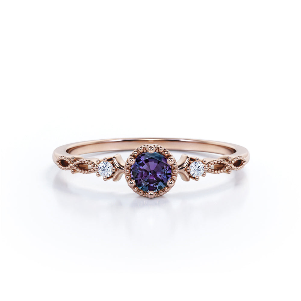 Trilogy Beaded 0.55 Carat Round Cut Lab Created Alexandrite And Diamond Three Stone Engagement Ring In White Gold