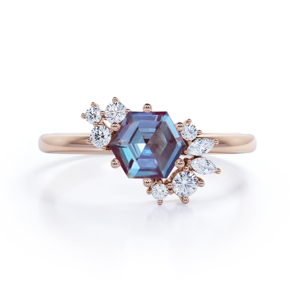 Modern 1.35 Carat Hexagon Shaped Lab Created Alexandrite And Diamond Six Prong Unique Engagement Ring In White Gold