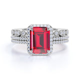 Pave Set 2.50 Carat Emerald Cut Lab Ruby and Diamond Halo Trio Wedding Set with Art Deco Band in White Gold