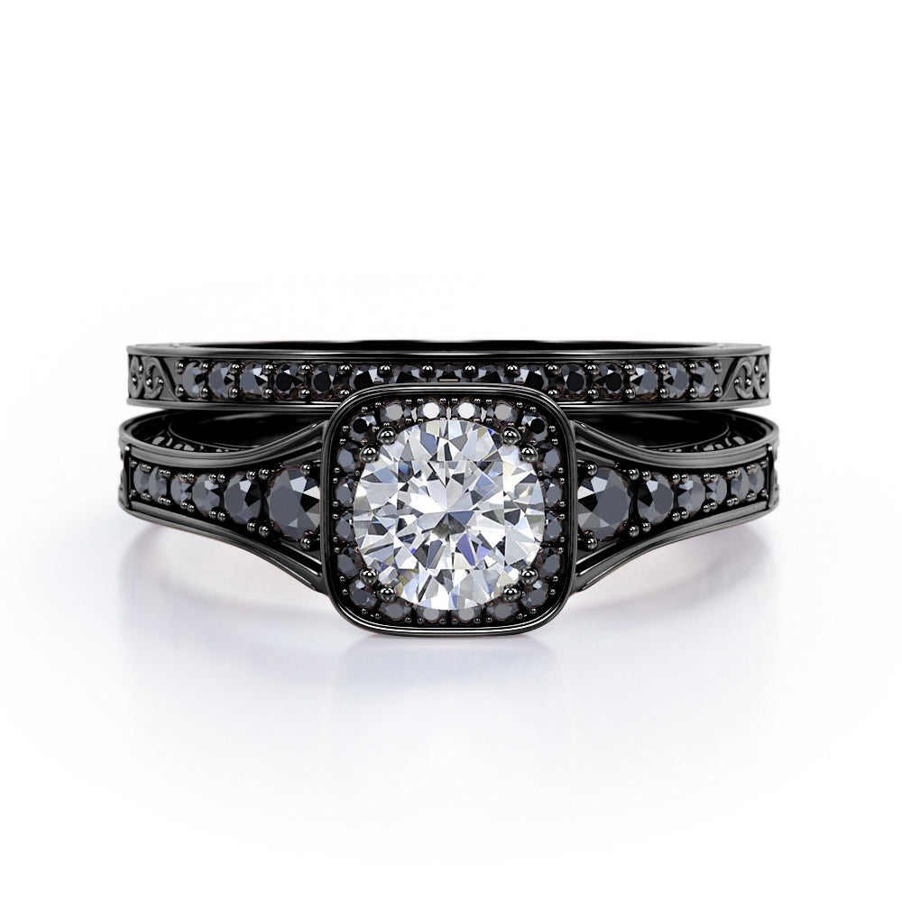 Filigree Pave Channel 0.65 TCW Round Diamond with Lab Created Black Diamond Double Prong Cluster Wedding Set in 10K White Gold