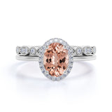 Art Deco Style 1.50 Carat Oval Cut Peach Morganite and Diamond Halo Wedding Set in Rose Gold