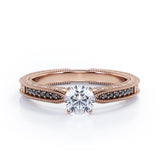 Edwardian Style - 1.25 TCW Round Cut Moissanite with Lab Created Black Diamond - Milgrain Bordered Engagement Ring in White Gold