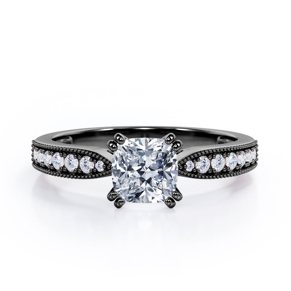 Beaded Eight Prongs 1.25 Carat Cushion Cut Moissanite And Diamond Antique Milgrain Engagement Ring In Rose Gold