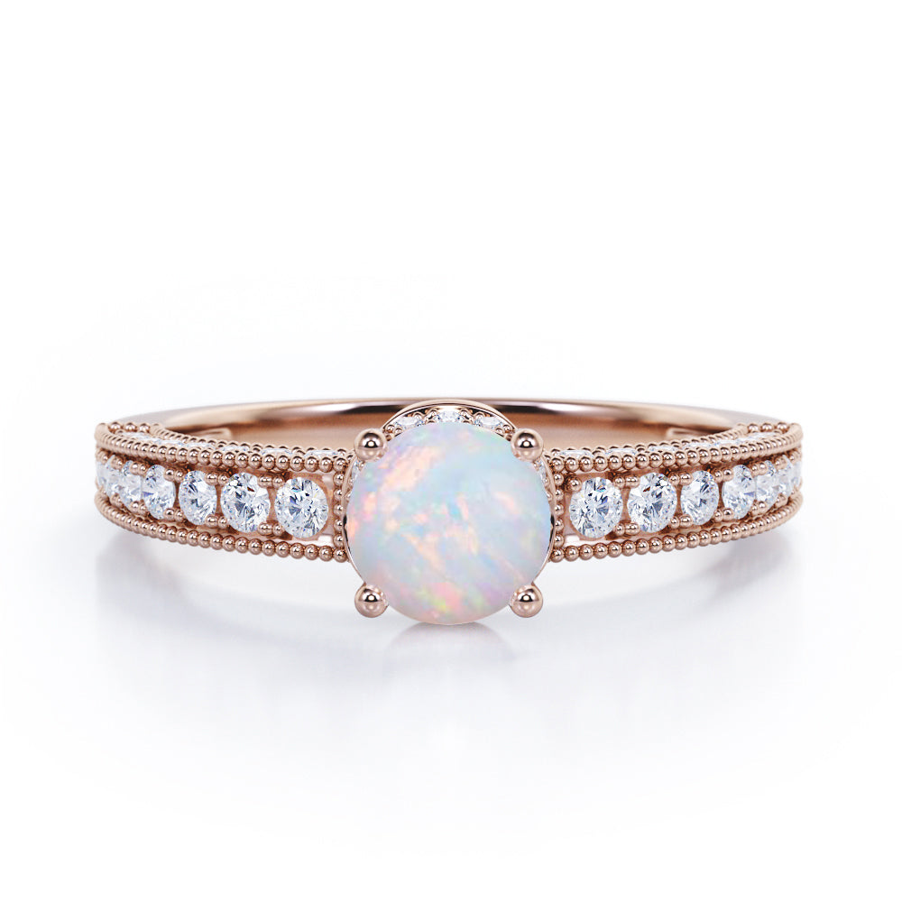 Pave Four Prong 1.45 Carat Round Cut Opal And Diamond Vintage Milgrain Engagement Ring In White Gold