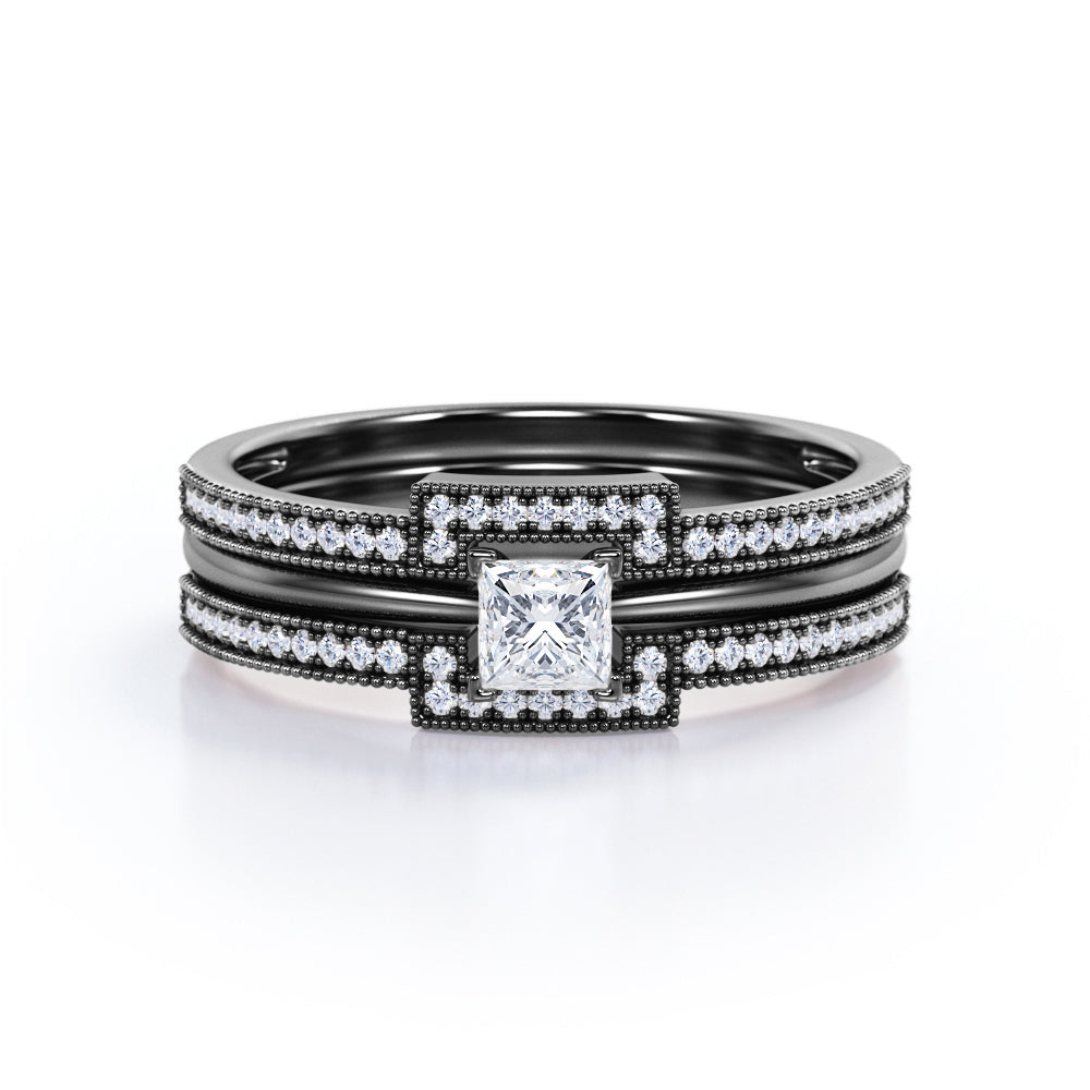 Bead décor 1 carat Square Moissanite and Diamond Solitaire Trio Wedding Ring Set For Her in White Gold