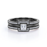 Bead décor 1 carat Square Moissanite and Diamond Solitaire Trio Wedding Ring Set For Her in White Gold