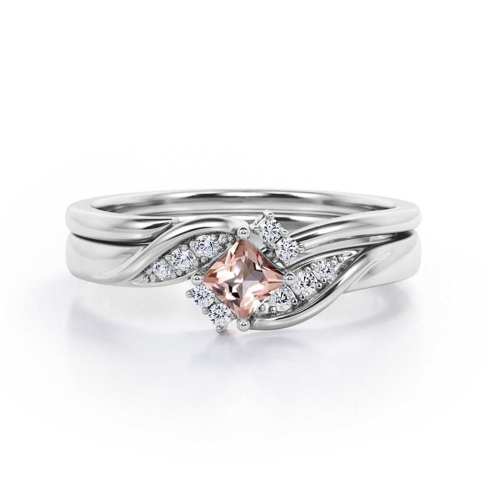 Petite Pave-Channel - 0.55 TCW Rhombus Princess Cut Morganite and Moissanite - Prong Tensioned Wedding Ring Set -  Rose Gold