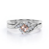 Petite Pave-Channel - 0.55 TCW Rhombus Princess Cut Morganite and Moissanite - Prong Tensioned Wedding Ring Set -  Rose Gold