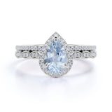 Antique Vintage 1.50 Carat Pear cut Art Deco Halo Engagement Ring with Aquamarine and Diamond for Her in White Gold