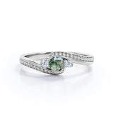 Bypass Three Stone 1.75 Carat Round Cut Milky White Scenic Moss Green Agate and Diamond Channel Set Engagement Ring for Women