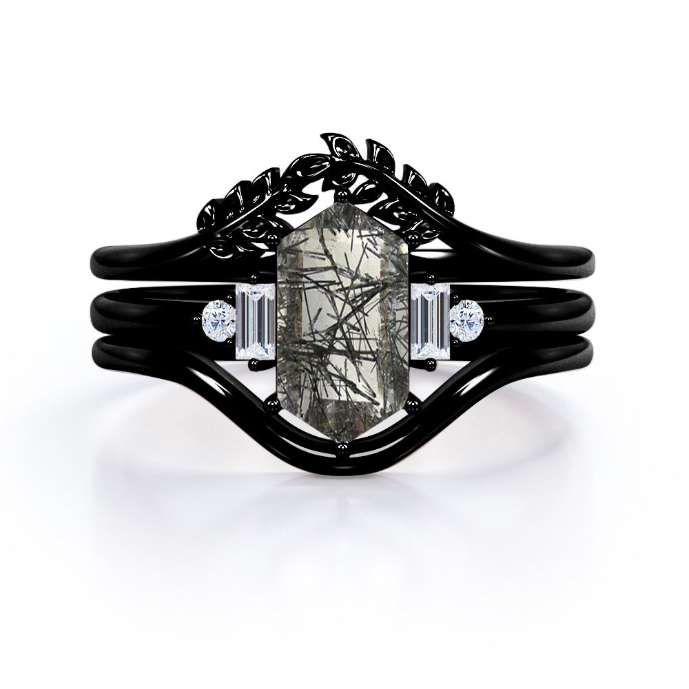 Leaf 1.15 ct Hexagon Black Rutilated Quartz Five Stone Bridal Set