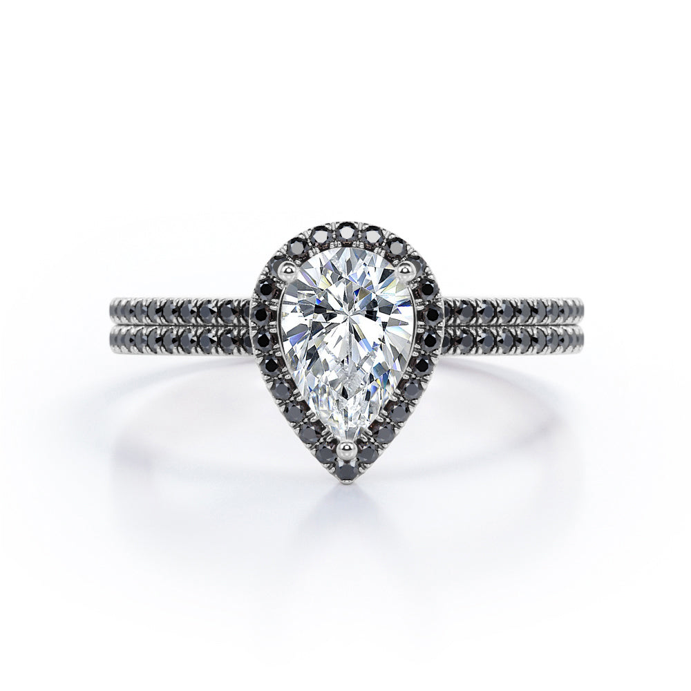 Scalloped Pave - 1.75 TCW Pear Shaped Moissanite with Lab Created Black Diamond - Halo Design Bridal Set in Rose Gold