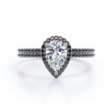 Scalloped Pave - 1.75 TCW Pear Shaped Moissanite with Lab Created Black Diamond - Halo Design Bridal Set in Rose Gold