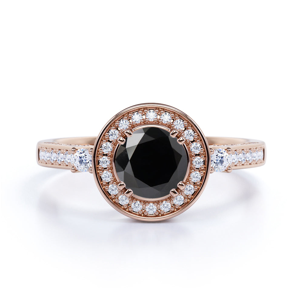 Vintage 1.75 Carat Round Lab Grown Lab Black Diamond and Bead Bright Engagement Ring in White Gold