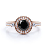 Vintage 1.75 Carat Round Lab Grown Lab Black Diamond and Bead Bright Engagement Ring in White Gold