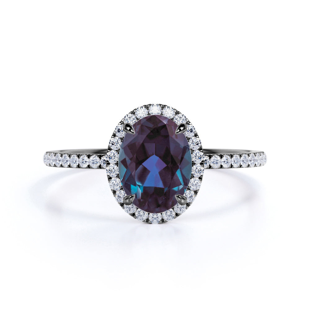Minimalist 1.50 Carat Oval Cut Lab Made Alexandrite and Diamond Halo Pave Engagement Ring