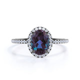 Minimalist 1.50 Carat Oval Cut Lab Made Alexandrite and Diamond Halo Pave Engagement Ring