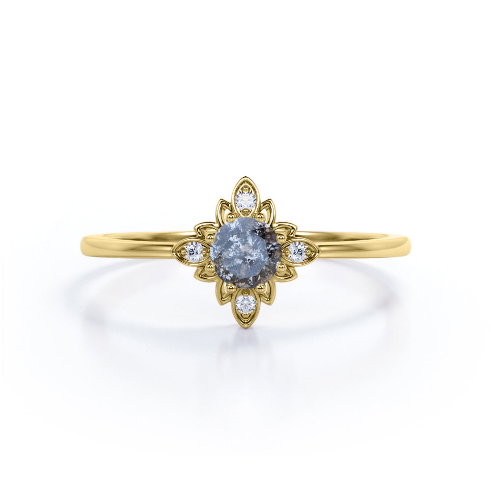 Dainty Solitaire 0.60 Carat Round Cut Druzy Black Rutilated Quartz and Diamond Flower Bezel Promise Ring - Engagement Ring