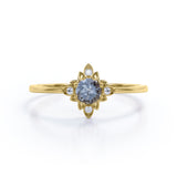 Dainty Solitaire 0.60 Carat Round Cut Druzy Black Rutilated Quartz and Diamond Flower Bezel Promise Ring - Engagement Ring