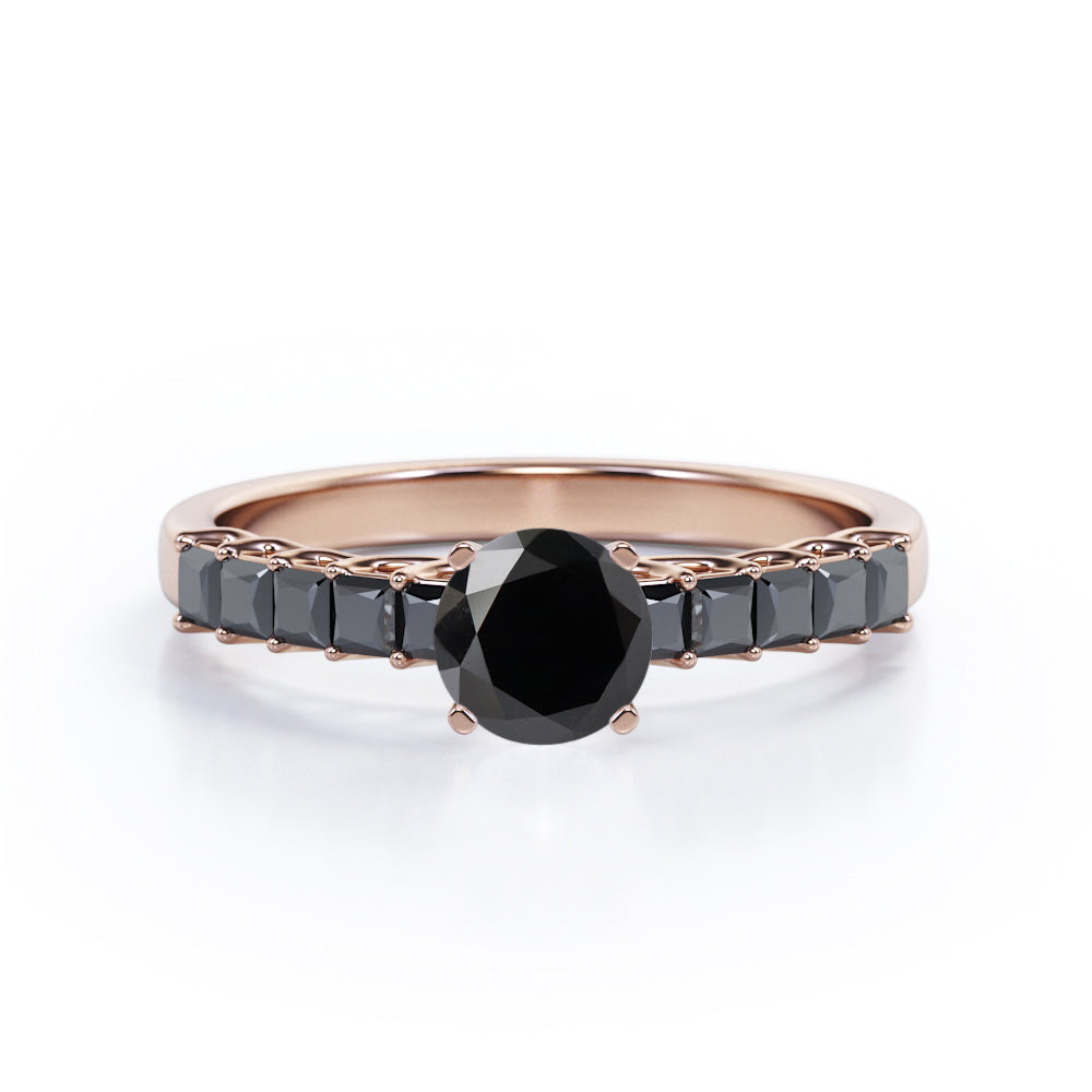 Shared Prong - 1.35 TCW Round Brilliant Cut Lab Created Black Diamond - Milgrain Bezel Engagement Ring in White Gold